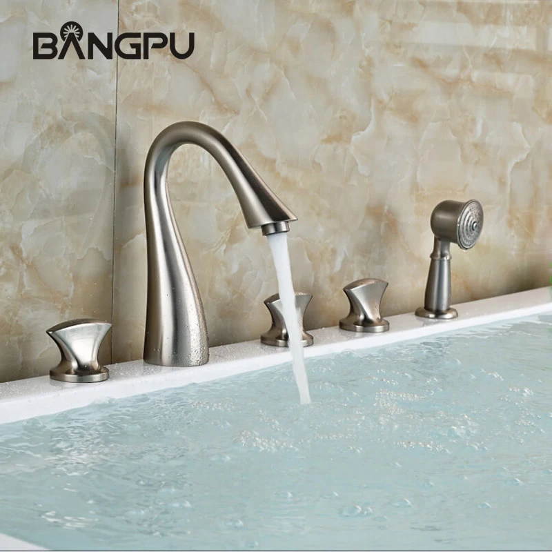 

Modern 5 Hole Bathroom Bathtub Faucet Set Deck Mounted Tub Faucet Set with Hand Shower Roman Bath Tub Faucet Set Brushed