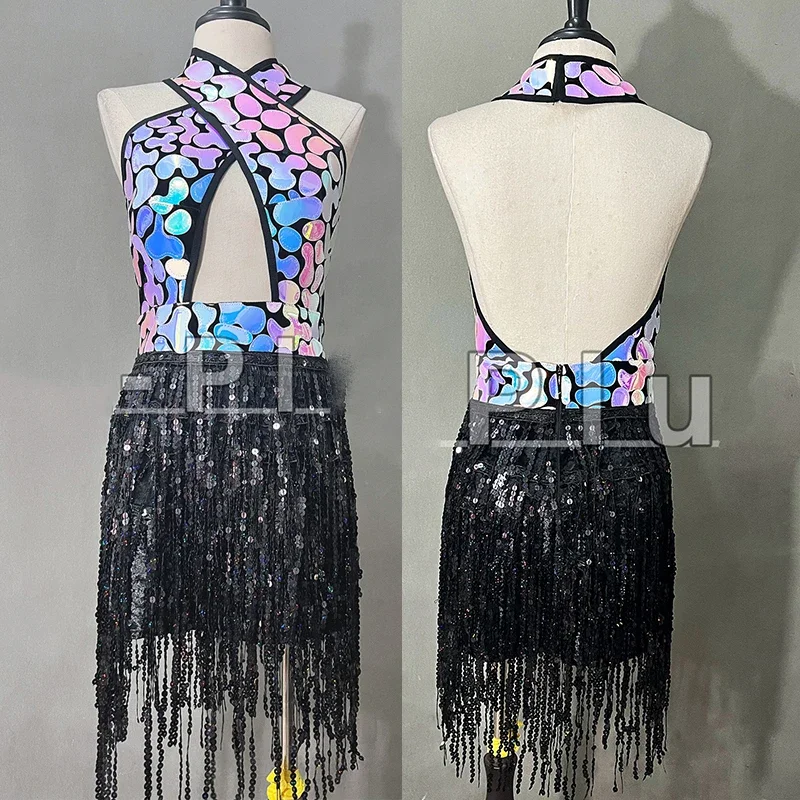 

Female Singer Gogo Dancers Outfits Stage Party Dress Nightclub Bar Dj Costumes Halter Sexy Backless Fringed Skirt Suit