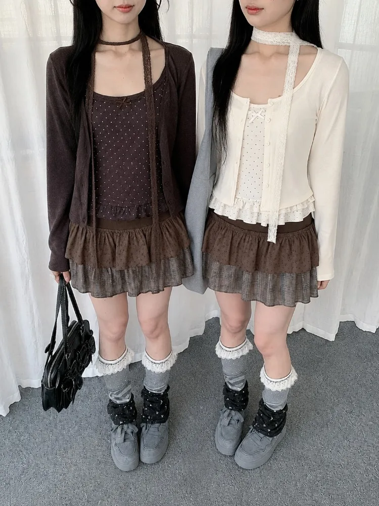 Fall Harajuku Style Three‑Piece Outfit Girls Polka Dot Strapless Top Casual Cardigan Ruffle Mini Skirt Y2K Subculture Party Set