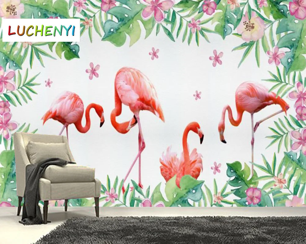 Papel de parede custom tropical plant leaves red flowers flamingo wallpaper mural,living room tv wall  bedroom home decor