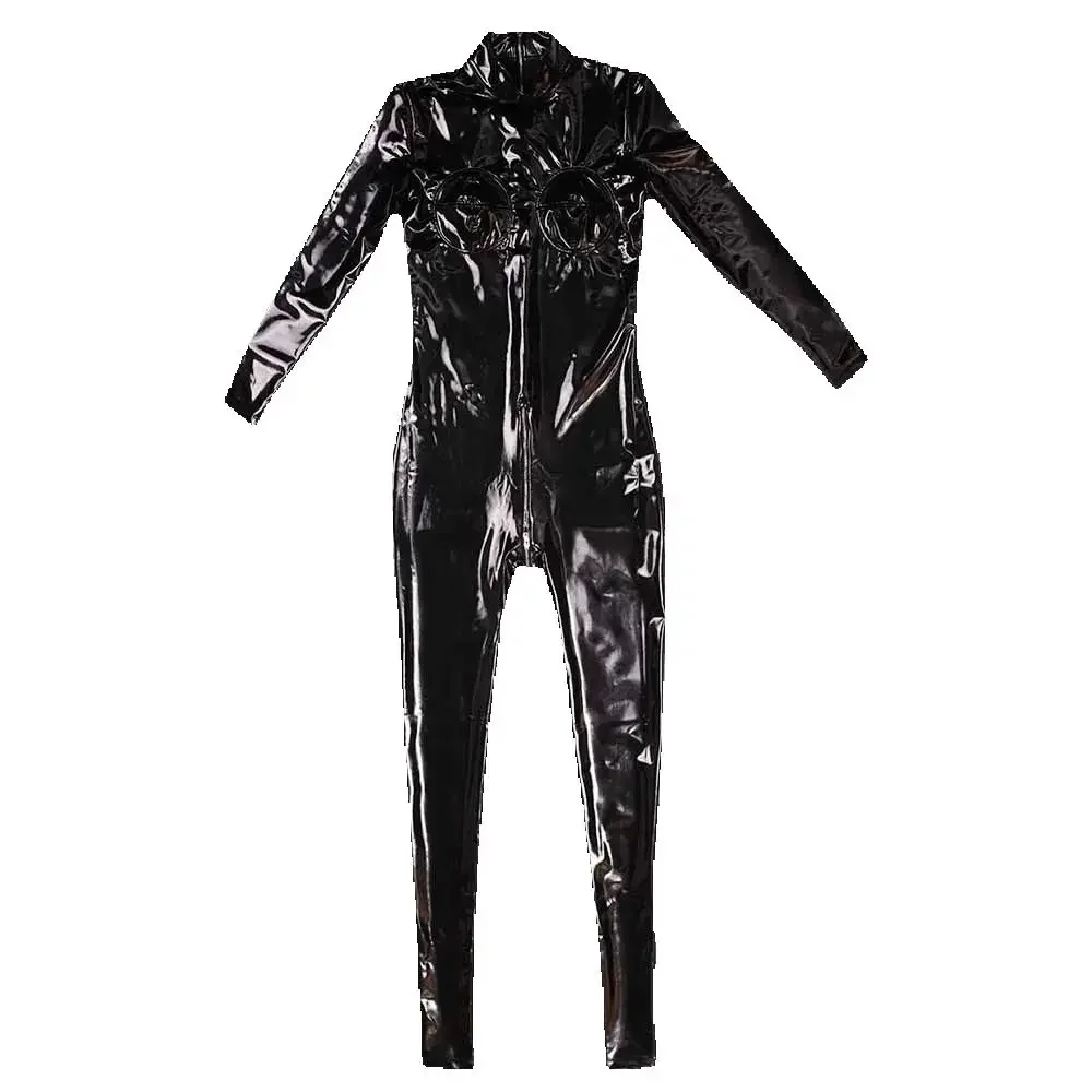 

Stereo-Spliced Chest Jumpsuit PVC Faux Leather Bodysuit Cosplay Front Crotch To Hip Zipper Open Leotard Zentai Shapewear Onesie