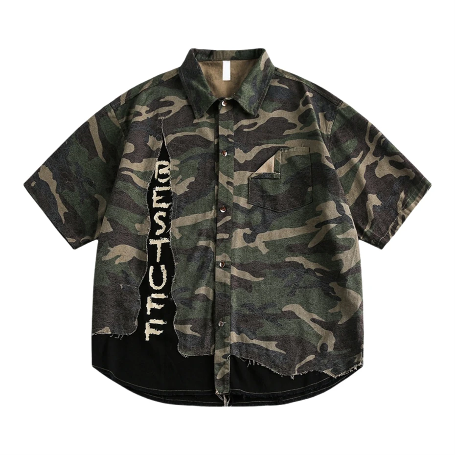 

Summer Short Sleeve Shirts Men Streetwear Vintage Camouflage Shirt Oversized Harajuku Splicing Japan Style Casual Blouse Male