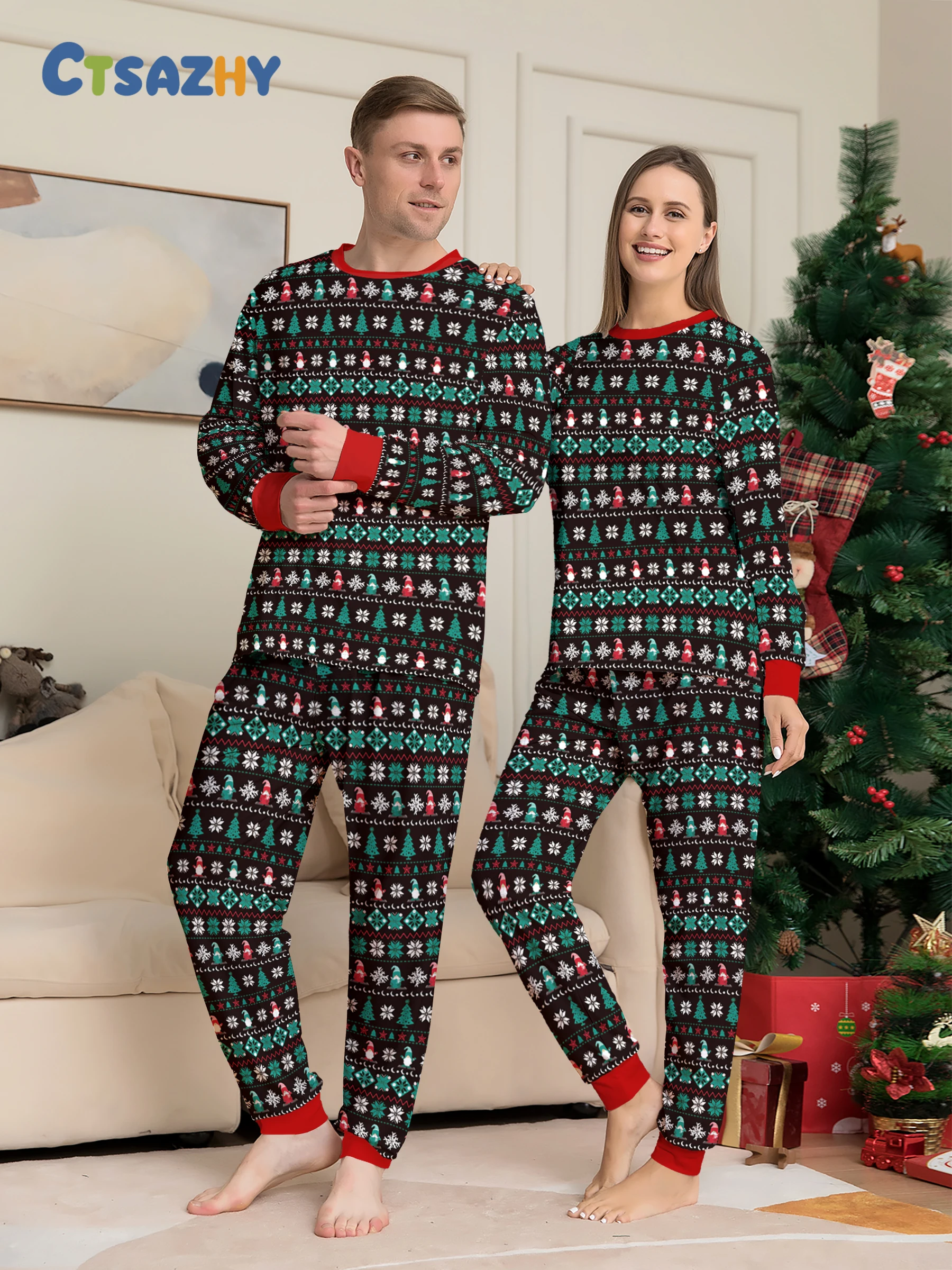 

Christmas Couples Pajamas Ugly Sweater Graphic Green Red Plaid Sleepwear for Adults