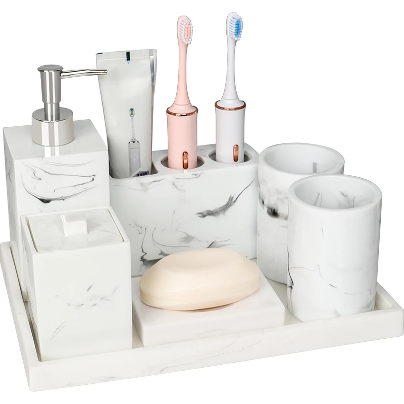 luxurious white ink Resin Bathroom Decoration Accessories upscale Five Piece toothbrush holder Shower storage tray