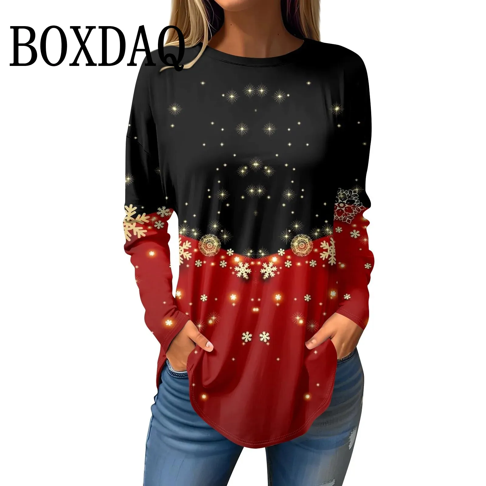 

Christmas Printed Womens T Shirts Xmas Snowflake New Year Casual Round Neck Loose Tops Reindeer Cute Female Winter Clothes 2024