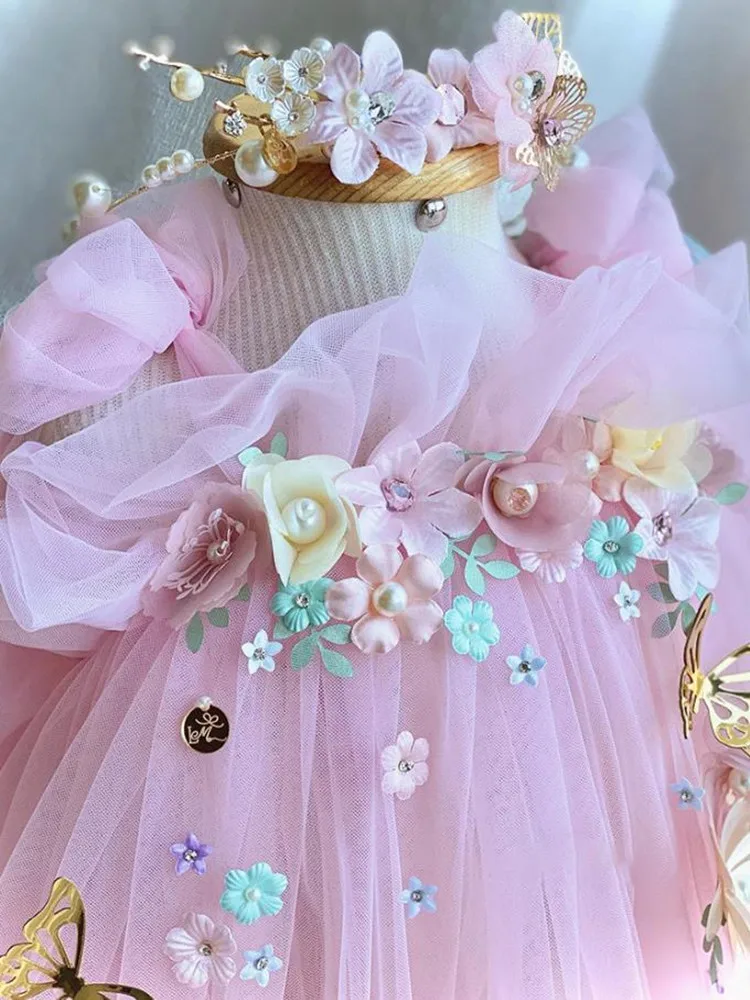 2024 New Children‘s Princess Evening Gown Sleeveless Pearls Appliques Design Wedding Birthday Baptism Party Girls Dresses A3649