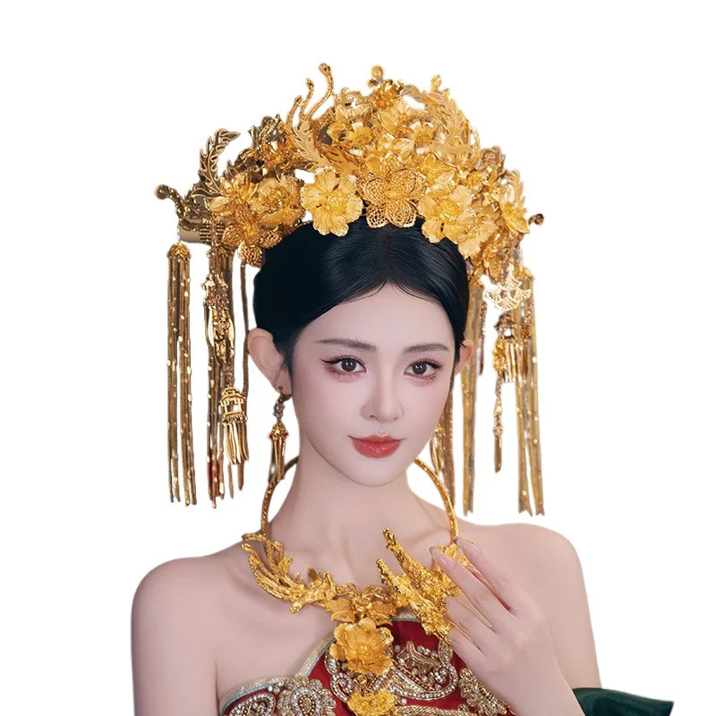 ブライダルヘアアクセサリー-中国式結婚式-翔和-金彩豪華花飾り-大鳳凰冠-乾杯用龍鳳凰冠-ジャケット型冠