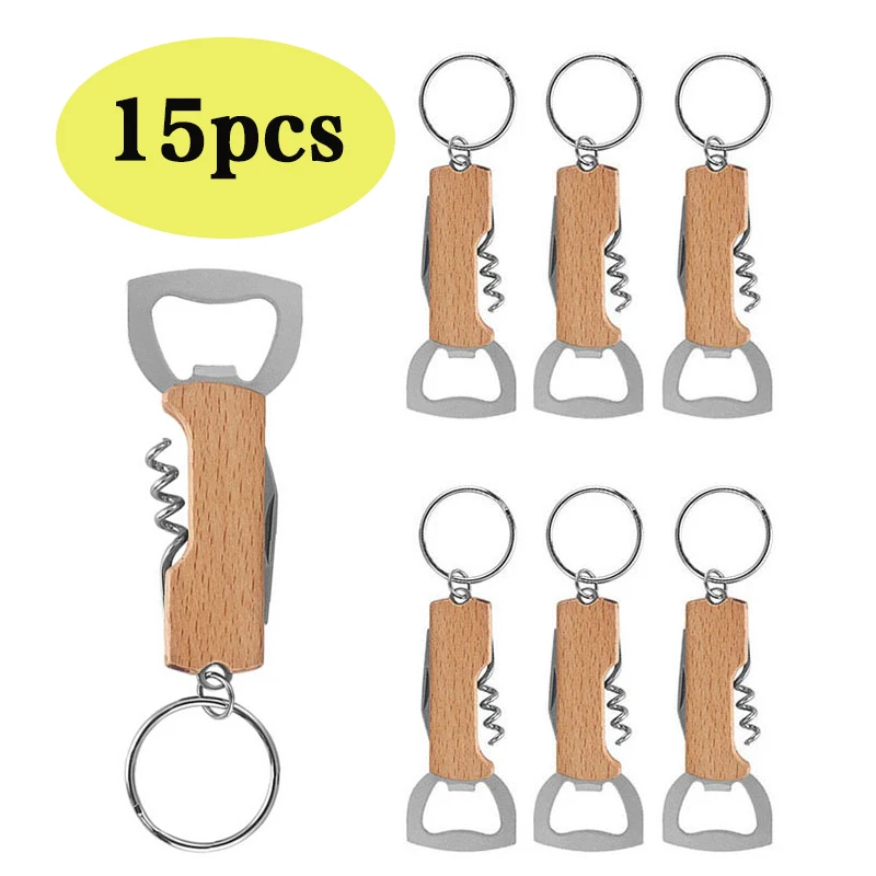 15Pcs Multi-Functional Portable Beer Bottle Opener with Keychain Metal Beech Wood Wine Corkscrew Opener Can Opener Mens Gift