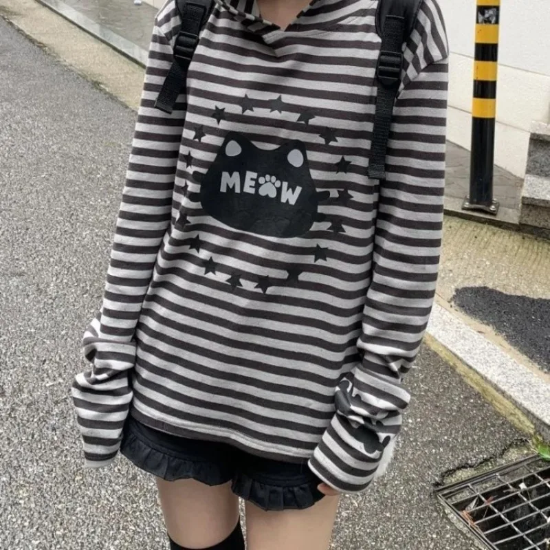 Harajuku Cute Cat Black White Striped Tops Women 2025 Autumn New Hoodie Sweatshirts Mujer Y2k Long Sleeve Loose Pullovers