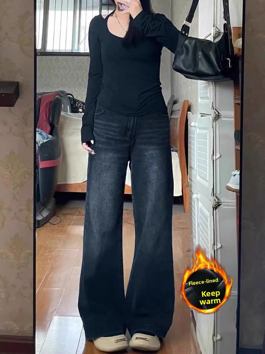 

Retro American Fleece Lined Wide Leg Jeans Women's Thickened Loose plus Size Slimming Straight Long Pants Autumn Winter New S...