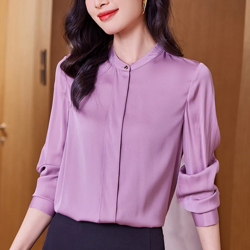 

New Spring Autumn Women's Real Silk Shirt Elegant Stand Collar Shirts Long Sleeve Blouses for Women Tops Office Lady Blouse
