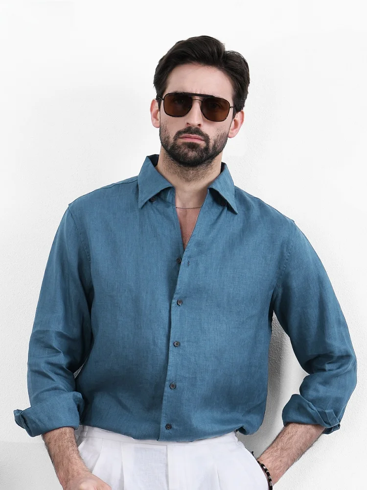 เสื้อเชิ้ตผ้าลินินคุณภาพสูง Hanu แขนยาว สไตล์ลำลอง เหมาะสำหรับใส่ทำงาน เดินทางในเมือง ผู้ชาย แฟชั่นฤดูใบไม้ผลิ ทรงหลวม ระบายอากาศได้ดี ซับเหงื่อ