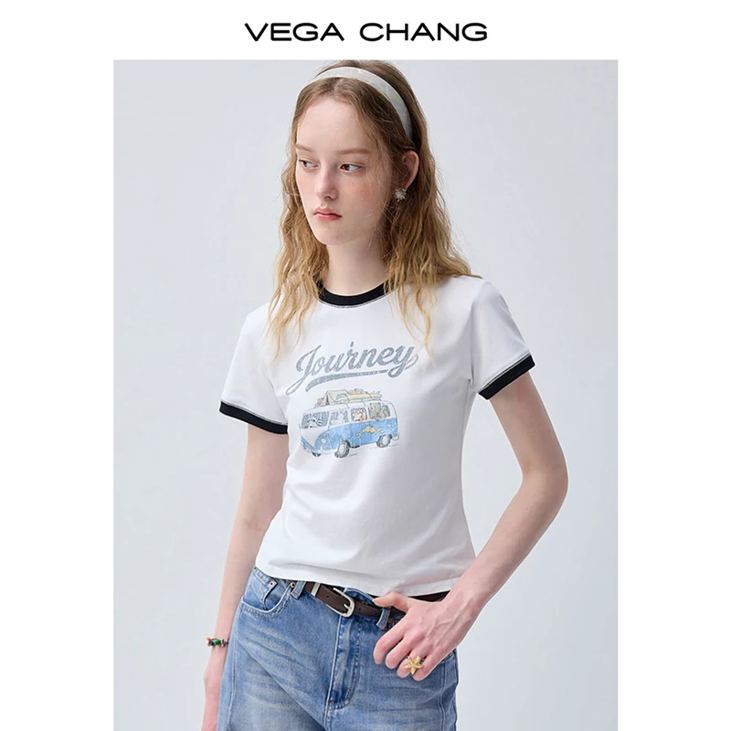 

Vega Chang New Summer Style Women's Contrasting Color Ribbed Short-Sleeved Relaxed Cartoon Print T-Shirt