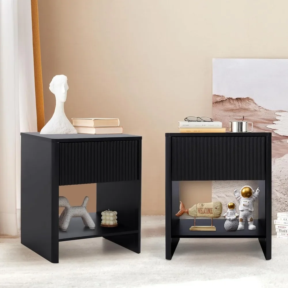 

Fluted Cabinet Wood Nightstand, Small End Table with Storage, Modern Night Stand Set 2 with Drawer