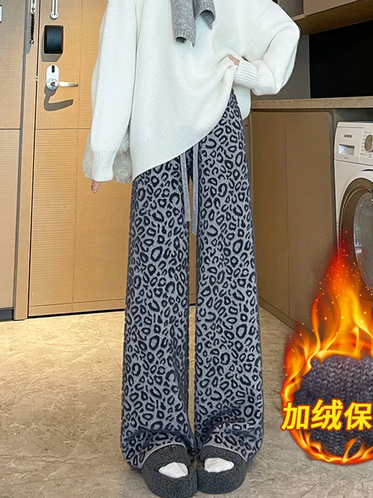 

Leopard Print Classic Full Length Chic Knitted Female Wide Leg Pants Autumn Fashion High Waist Loose Casual Simple Women Pants