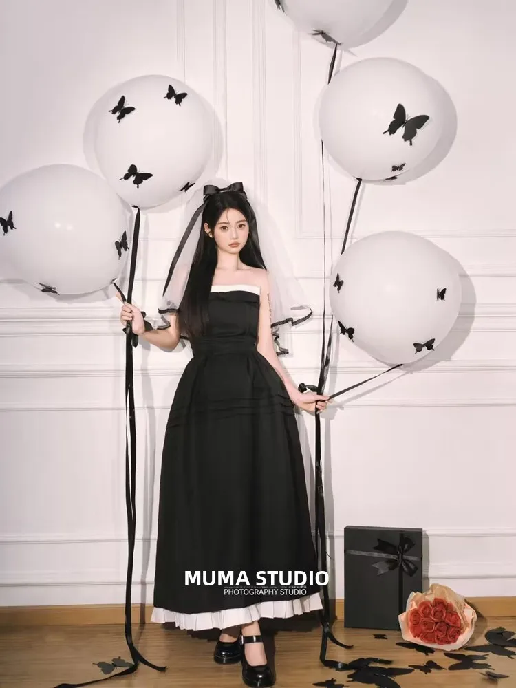 

Hebe Style One Shoulder Birthday Dress Women's Elegance Black Gown Princess Skirt Elegant Women's Clothing Stage Costume