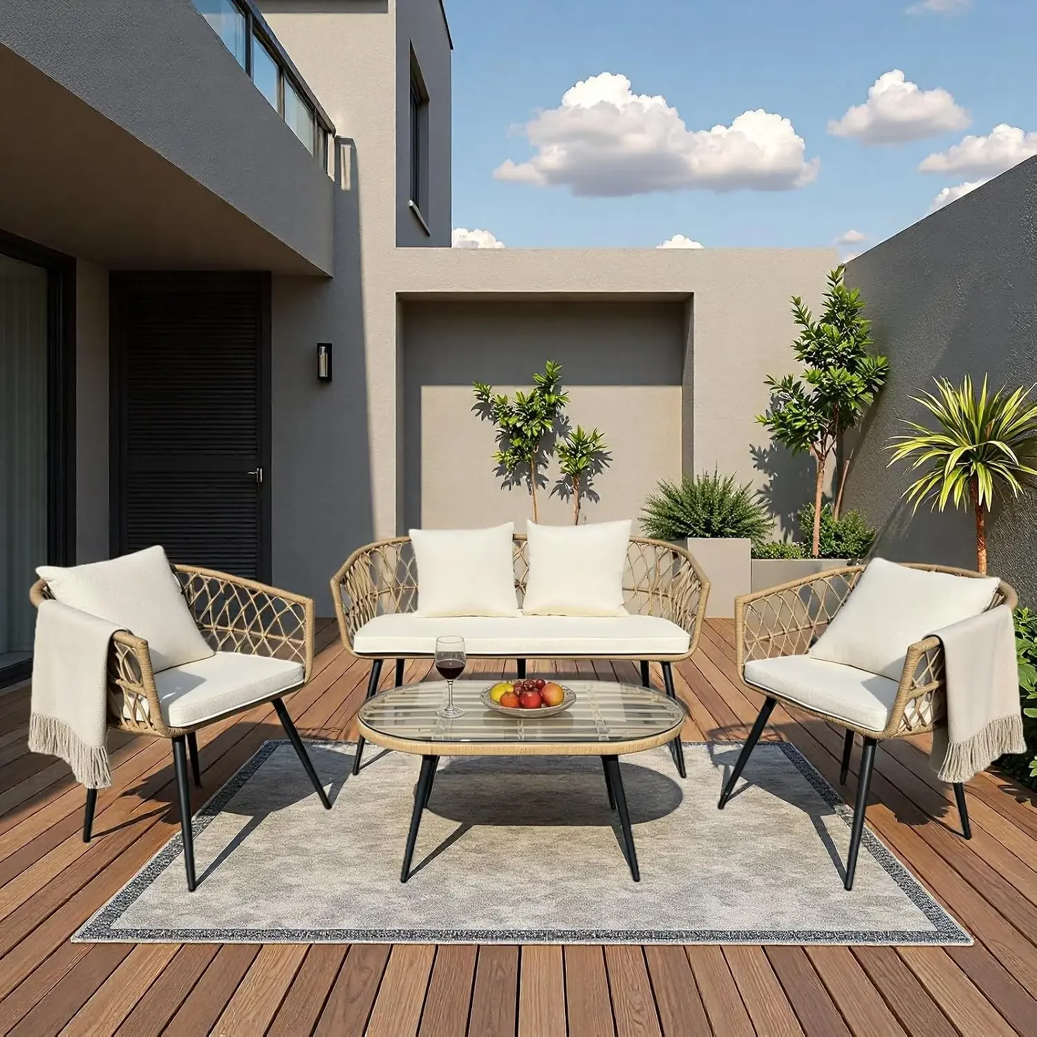 4 Piece Patio Furniture Set,Outdoor Conversation Set with Wicker Sofa, 2 Rattan Chairs and Glass Table, Patio Bistro Set with Al