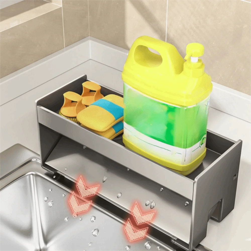 

Нержавеющая сливная полка для раковины, вентилируемый органайзер для хранения раковины большой емкости, прочная несущая кухонная полка для хранения из углеродистой стали