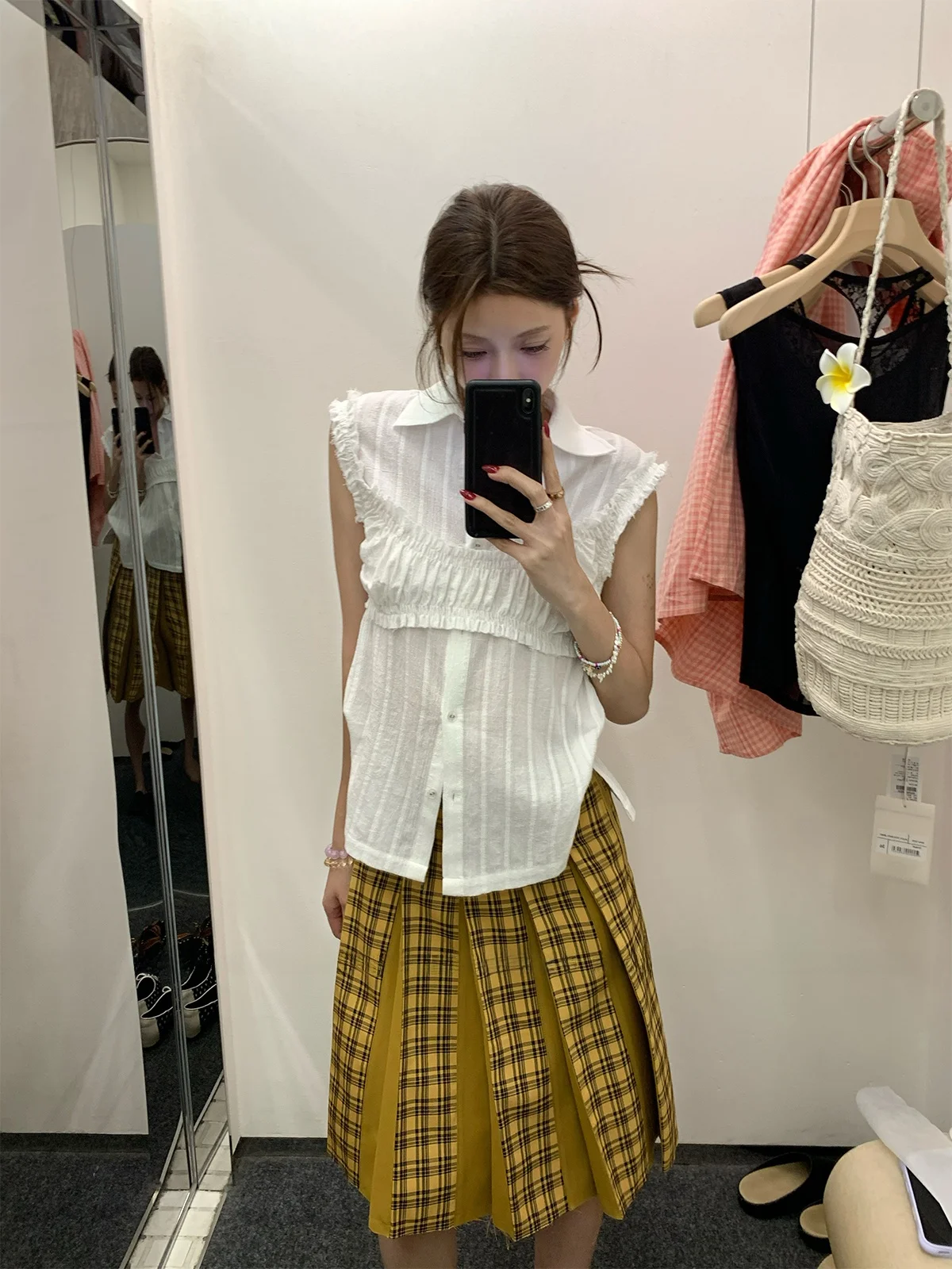 

Pure Cotton Shirt Vest 44AaSi Lyon Pocka Spring Summer Texture Cotton Feel Faux Two-Piece Button-Up Women's Blouse