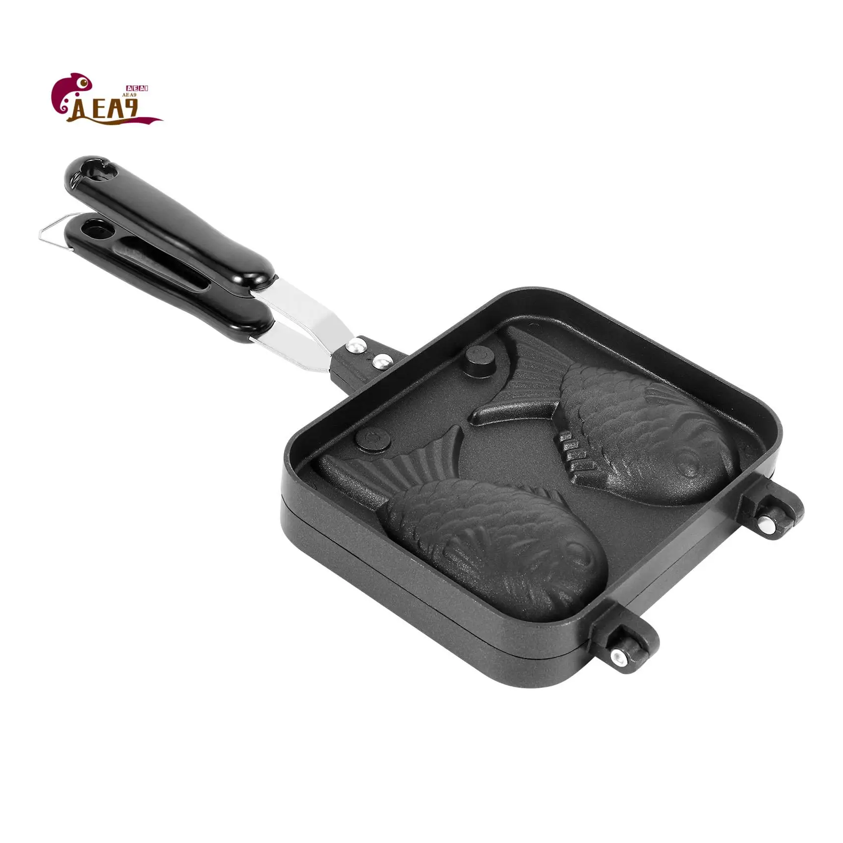 AEA9-Taiyaki, sartén para hacer gofres y postre caliente con forma de pez doble, sartén doble para panqueques japoneses
