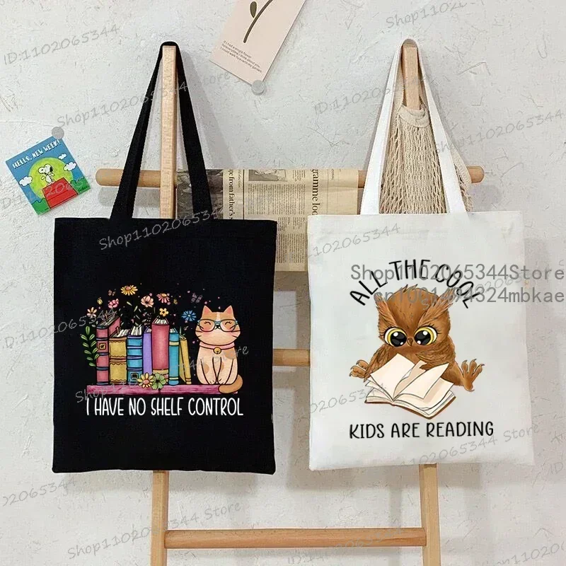 Shoulder Bag Books Owl and Cat Canvas Tote Bag Women Wildflowers Bookworm Lovers Shopping Bag Animal Reading Female Handbags