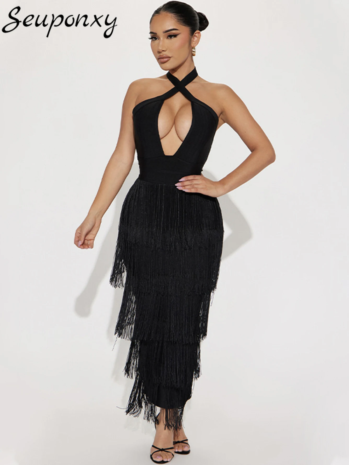 

High Quality Black Fashion Women'S Bandage Long Dress 2023 Sexy Neck Hanging Backless Sleeveless Tassel Club Party Dress Vesidos