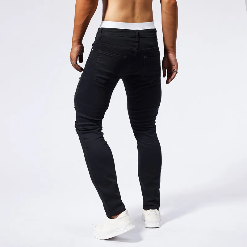 2024 New Summer Muscle Jeans, Men's Elastic Slim Fit, Perforated Patch, Street Fashion, Black Tight Pants