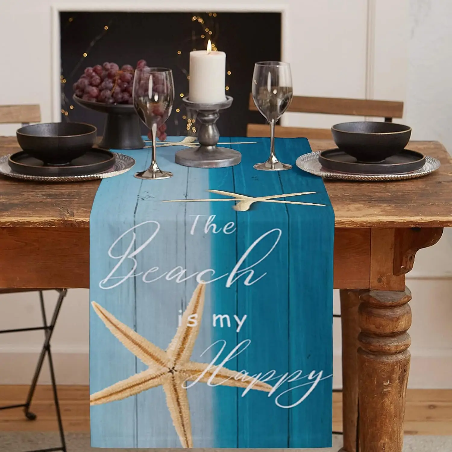 The Beach Is My Happy Place Summer Linen Table Runners Starfish Wooden Blue Dresser Scarves for Family Party Dining Table Decor