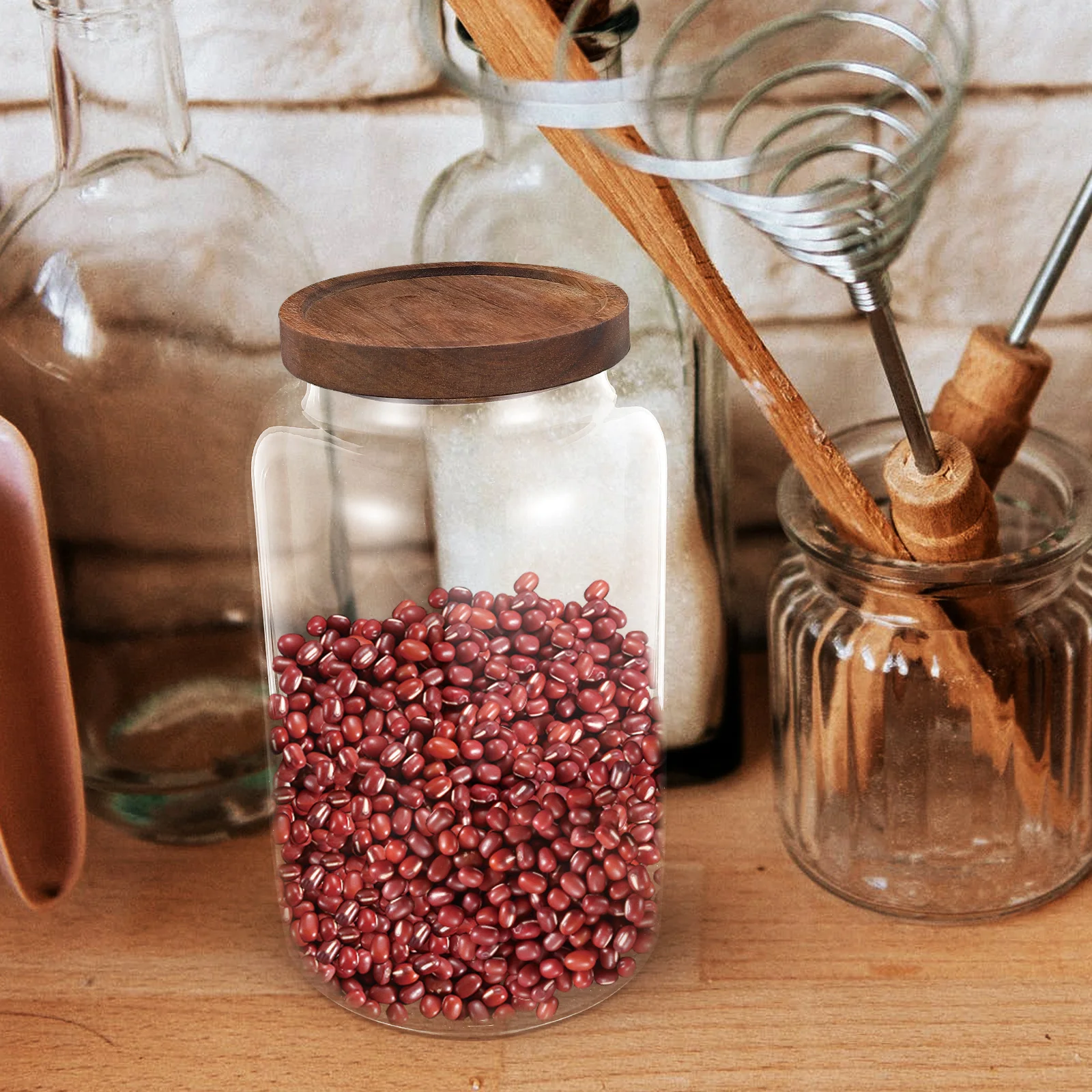 

Sealing Glass Storage Jar with Wooden Lid for Kitchen Cereals Tea Flour Candy Grain Nuts Airtight Food Preservation Container