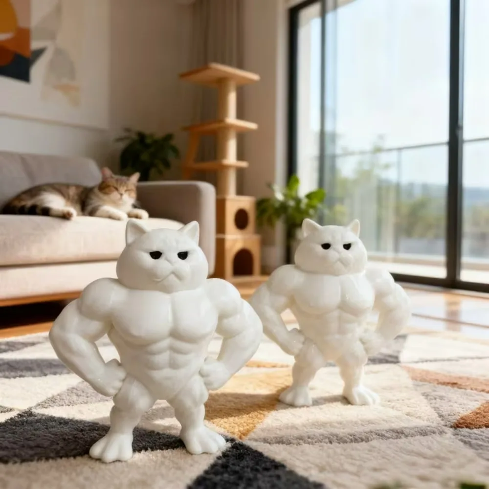 3D Printed Buff Muscular Cat Statue Funny Cross-Arm Tough Kitten Figurine, Creative Matte Desktop Ornament for Home Office Decor