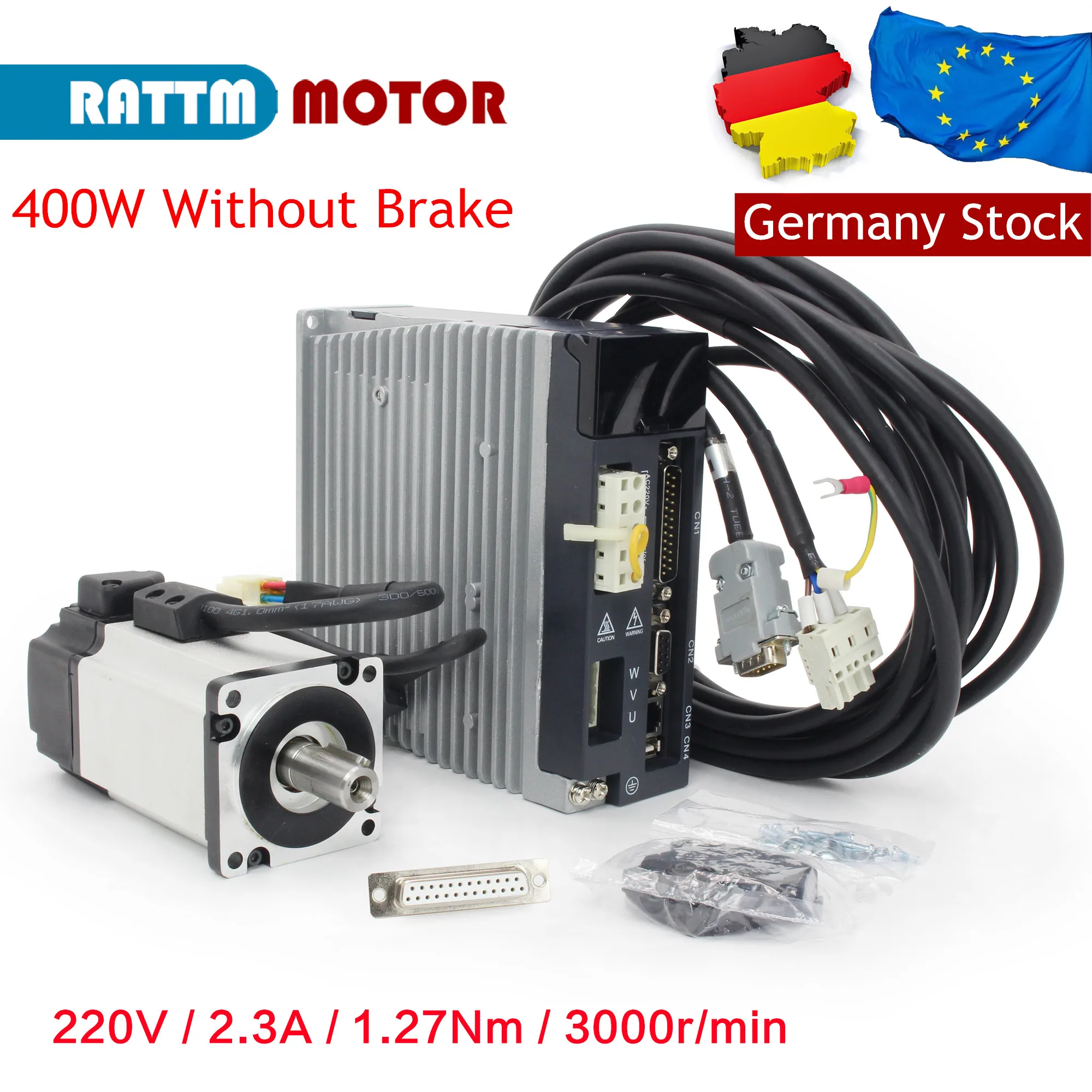 【EU】400W AC Servo Motor Kit 3000rpm 1.27Nm 2.5A,Servo Motor Driver Controller Kit 220V,AC Servo Driver 17-bit Magnetic Encoder