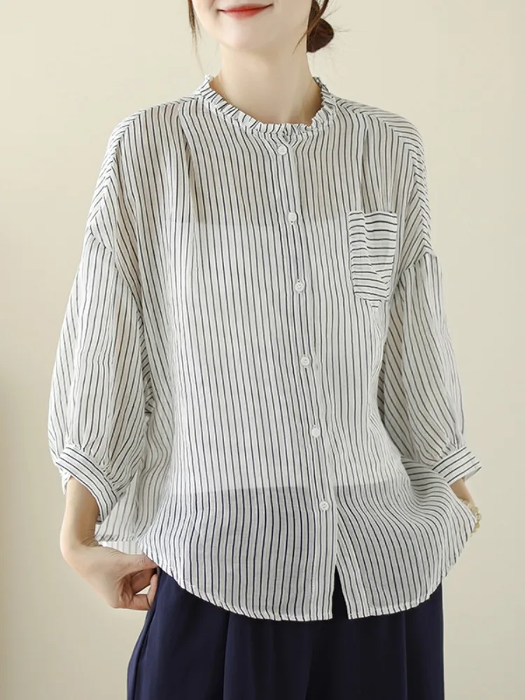 

Summer Artistic Striped Women's Sun Protection Shirt Thin Loose Cotton Linen Open Cardigan Top Vintage Style Button Design