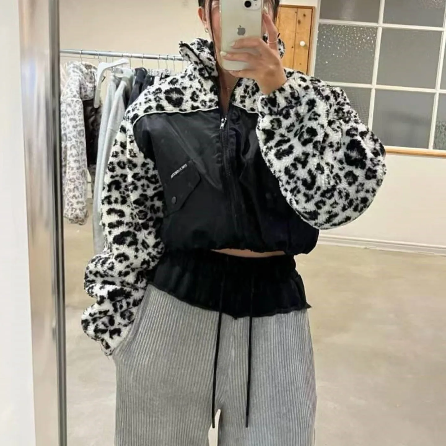 

Women's Cotton Jaet ort Casual Stand Collar Leopard Print Warm Winter Outerwear Top Faionable Commute Sle Long Sve