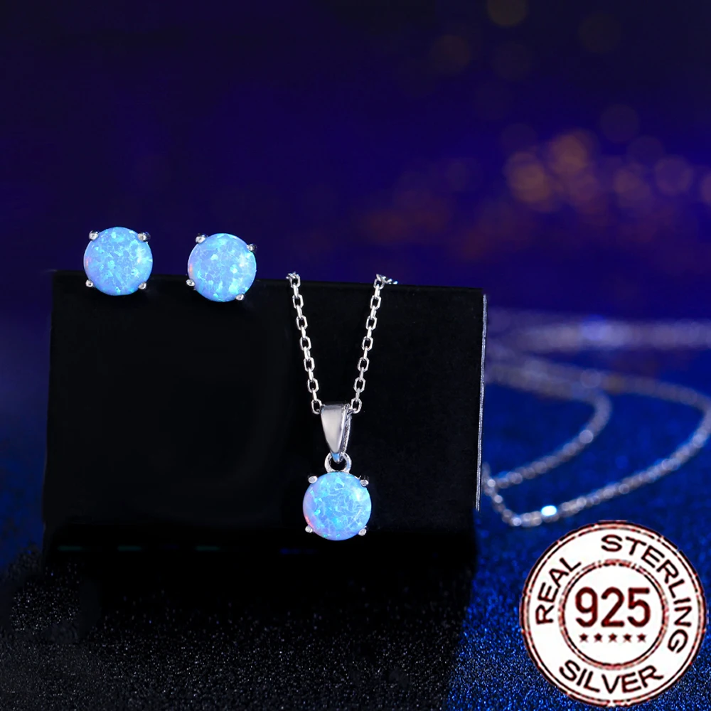 

QooLady 925 Sterling Silver Elegant Round Mystical Blue Opal Earrings Necklace Sets for Women Wedding Party Jewelry Gift ST027