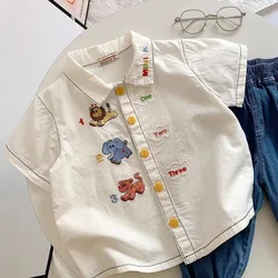 New Japanese style Boys cartoon embroidery white Shirt Kids turn-down collar short sleeve casual Tops