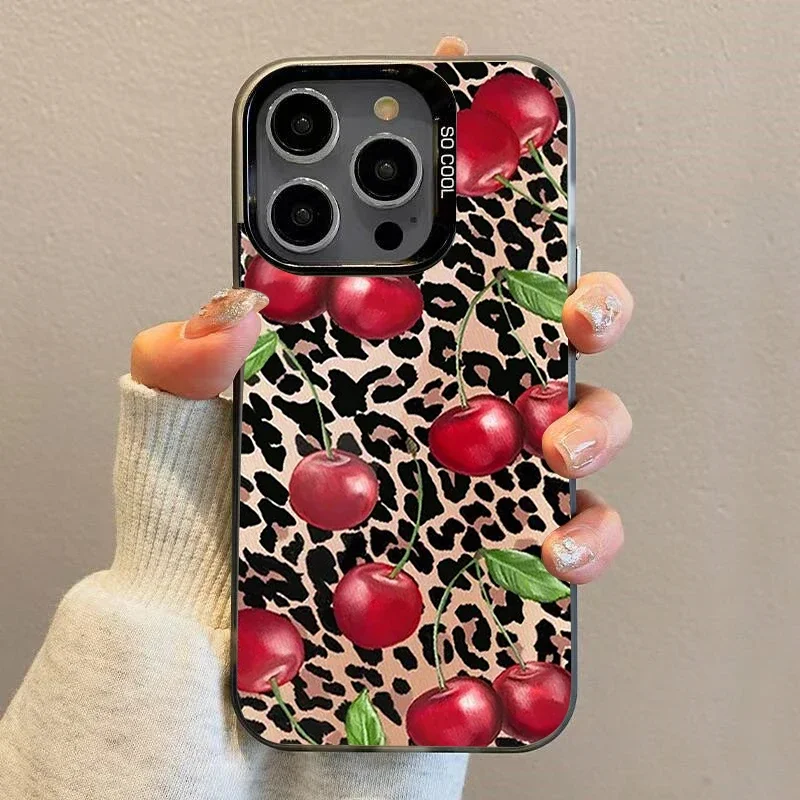 Red Cherry Bow Phone Case for Iphone 16 11 13 14 Pro Max 15 14 Plus Max 12 13 Mini Brown Leopard Pattern Cover Fundas Shells