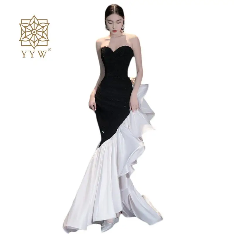 Vintage Dress For Women Trendy Formal Occasion Ladies Ruffle Mermaid Long Dress Black White Sequins Wedding Prom Gown Celebrate