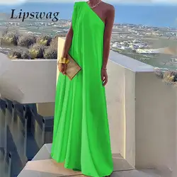 Summer Sleeveless Holiday Party Dress Fashion Solid Color One Shoulder Loose Dress Temperament Women's Slant Neck Beach Dresses