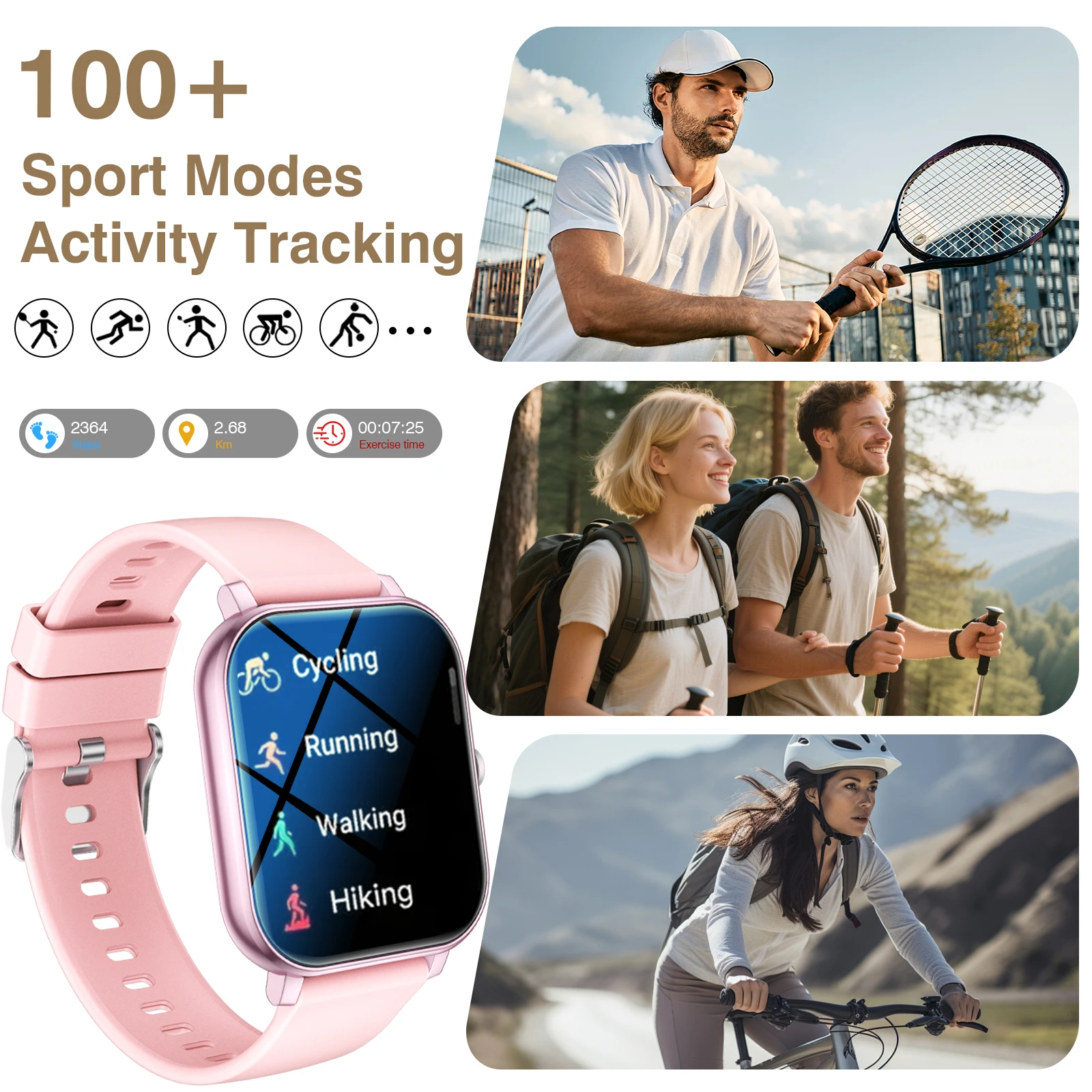 สมาร์ทวอทช์ นาฬิกาอัจฉริยะมัลติฟังก์ชั่นสำหรับกีฬา, โทรออกแบบไร้สาย, ปรับแต่งหน้าปัดนาฬิกาได้, ควบคุมเพลง