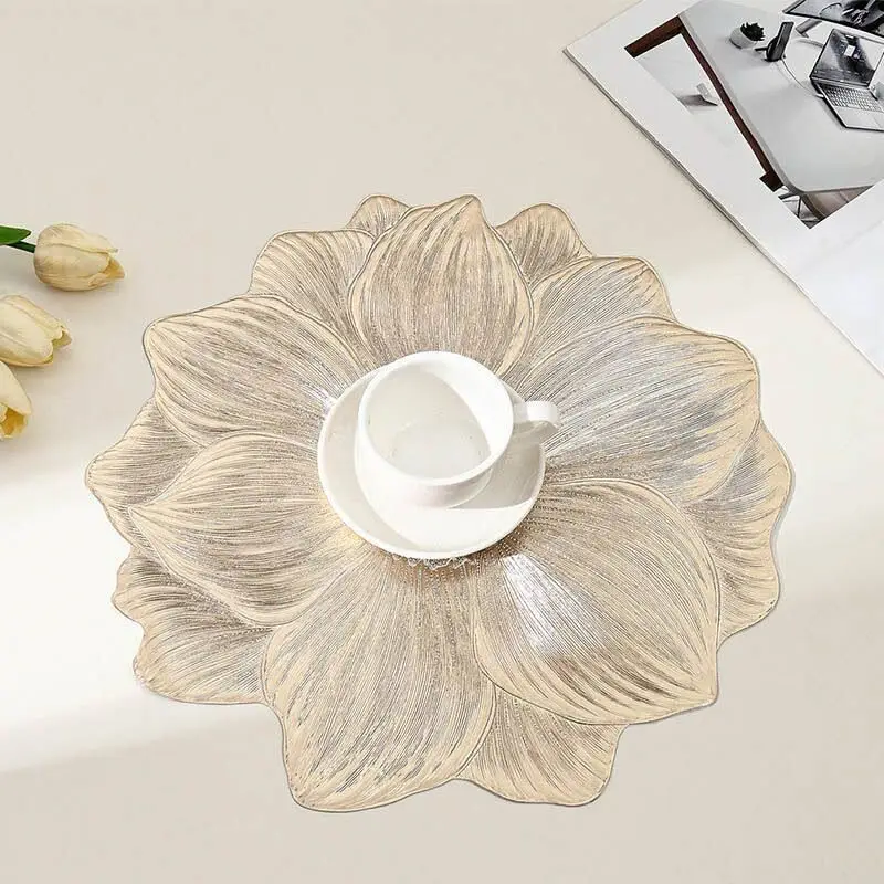 VIKAMA Champagne Lotus Flower Shaped Placemats 3D Textured Round Heat Resistant Luxury Coffee Table Decor Mat