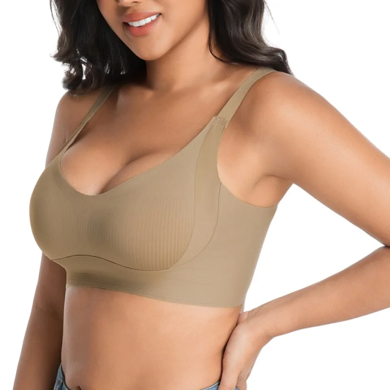 3-teiliges Set Damen Nahtloser V-Ausschnitt-BH Große Größen Stützende Gerippte BHs Sexy Dessous Abnehmbare Brustpolster Komfort Unterwäsche M-4XL – Detail 3
