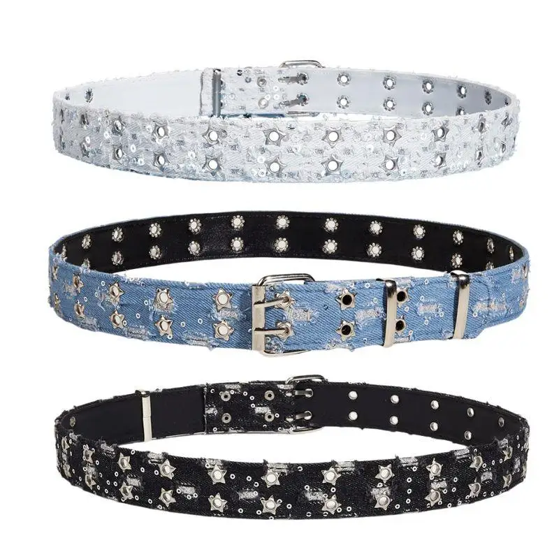 

Men's Women Punk Y2k Blue Black Denim Star Hollow Double-row Hole Belt Jeans HipHop Decorative Belt Alloy Pin Buckle Waist Belt
