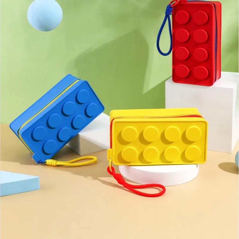 Mehrzweck-Lego-Block-Silikonbeutel mit Reißverschluss, Schreibwaren- und Kosmetiktasche mit Tragegurt für Schule und Reisen.
