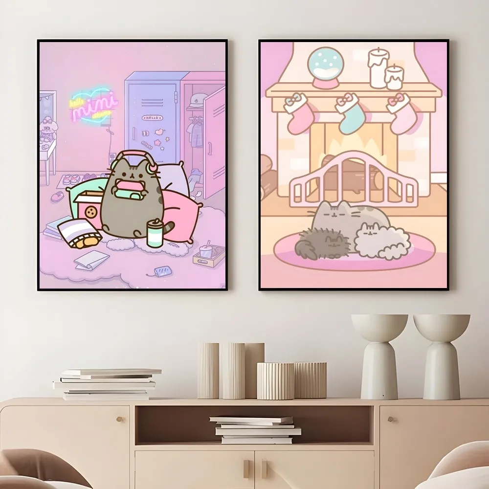 P-Pusheen Cat Cute Catoon Poster Sticky Wall Art Printing Waterproof Home Living Bed Room Bar Aesthetic Decor