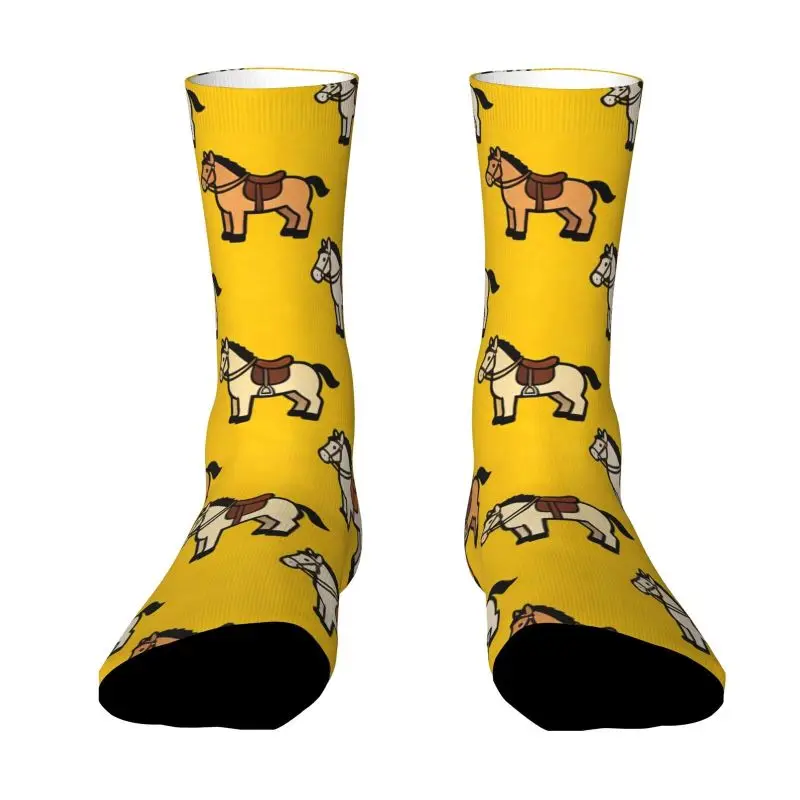 A Pair of Unisex Outdoor Socks Featuring a Yellow Base with Horse Patterns, Designed in a Cartoon Style