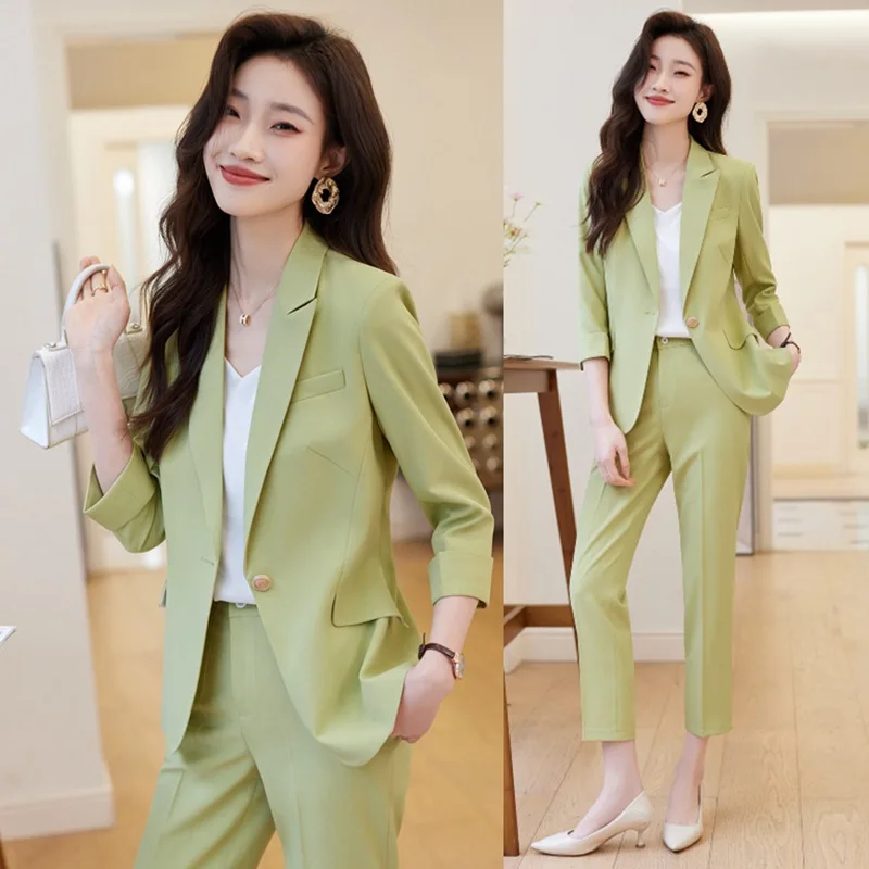 Green Blazer Women's Spring and Summer Seven-quarter Sleeves 2024 New Professional Wear Temperament Casual Suit