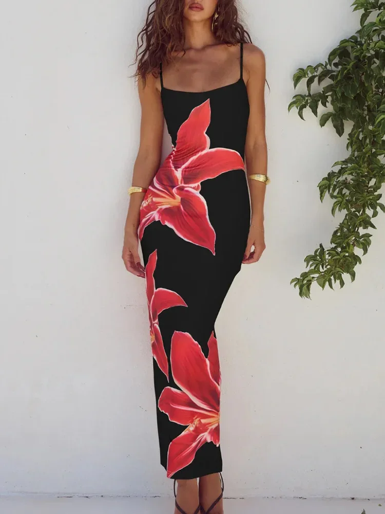 

Sexy Square Collar Loungewear Maxi Dress, Women Summer Fashion Sleeveless Party Dress, Printing Patchwork Elegant Ladies Dress