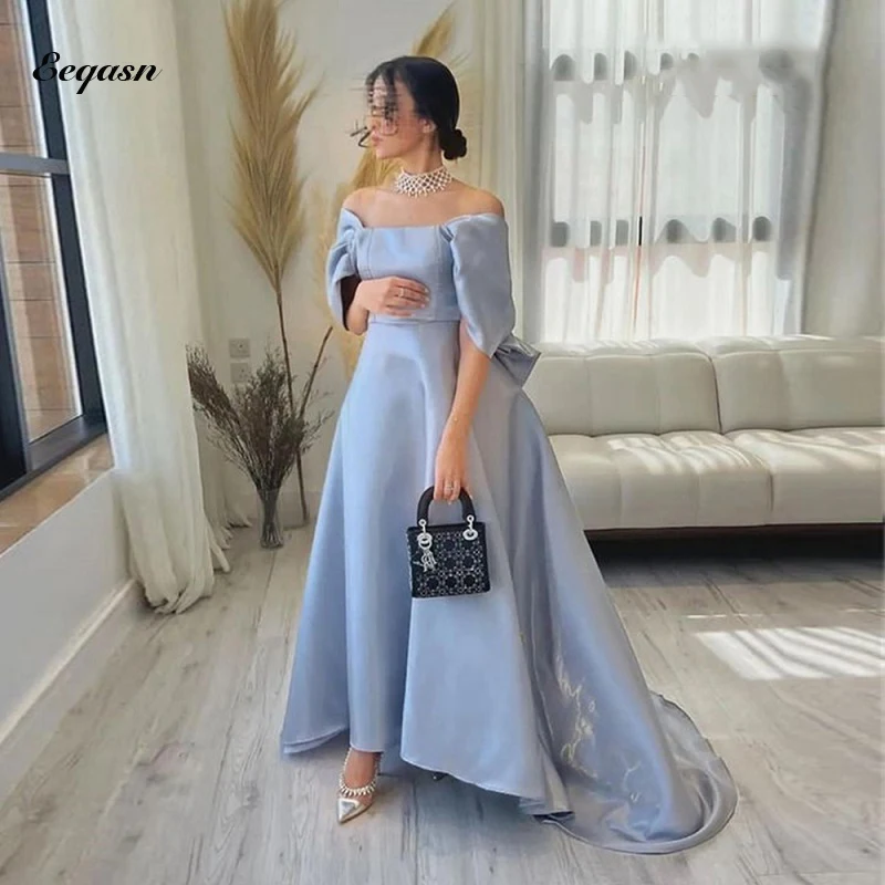 Light Blue Evening Dresses With Bow Saudi Dubai Satin Prom Party Gowns Floor Length Celebrity Dresses for Wedding Customized