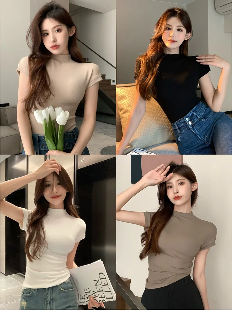 Kpop Y2K T-shirt Women Korean Fashion Turtleneck Skninny Tee Shirt Woman Slim Japanese Short Sleeve Crop Top Clothes Tshirts