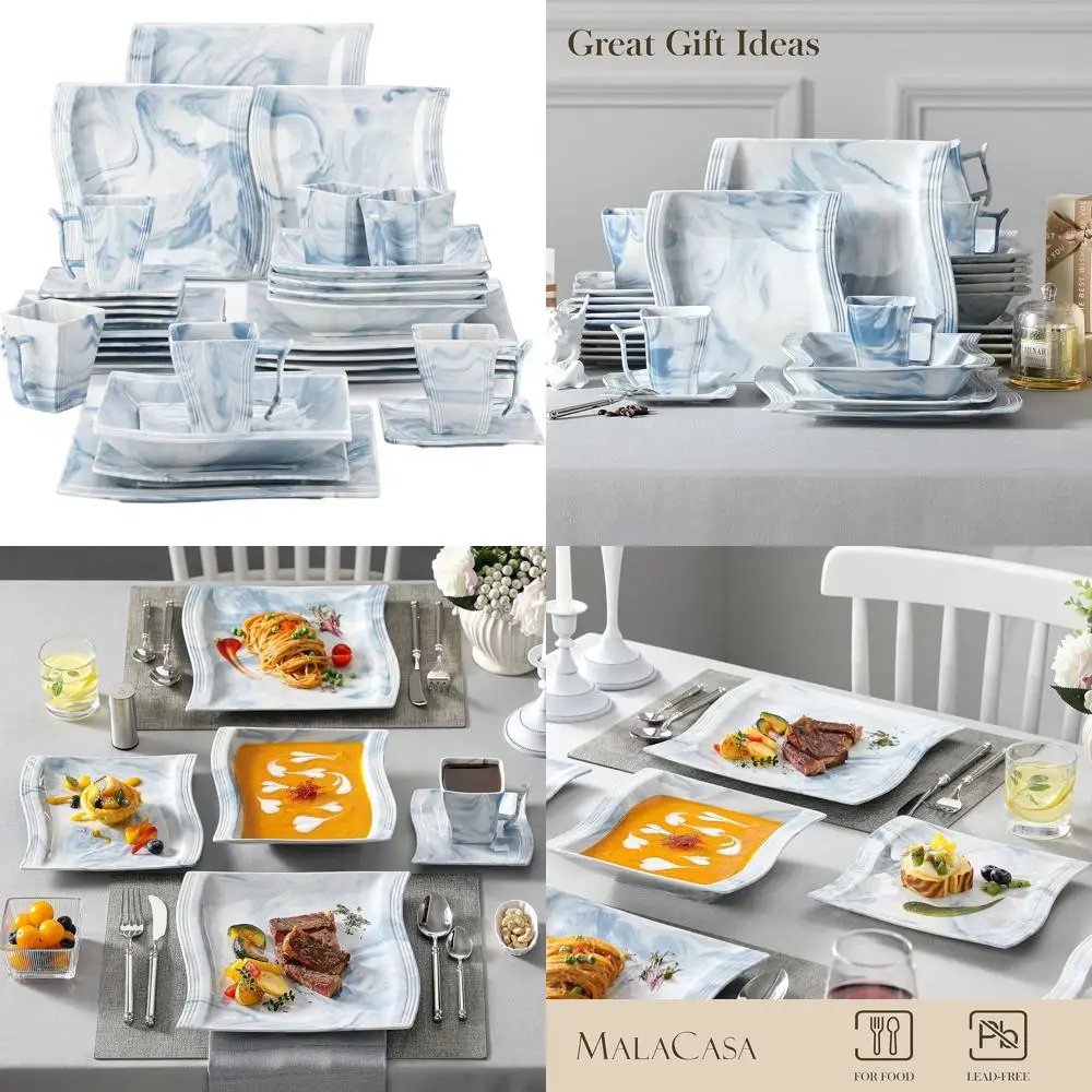 

Набор фарфоровой посуды из 6 предметов: квадратные тарелки, миски, чашки и блюдца синего цвета